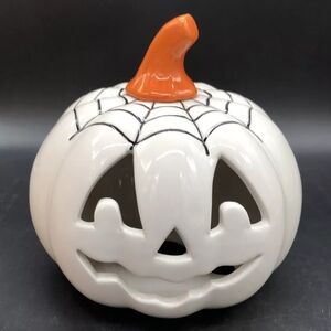 Ceramic Jack'o Lantern Decor Pumpkin Ghost with Cobweb Halloween Candleholder